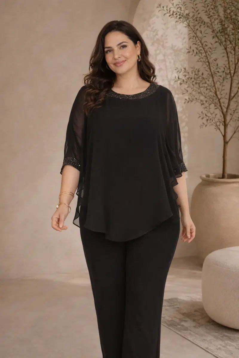 Compleu Bluza Voal + Pantaloni Salena Negru